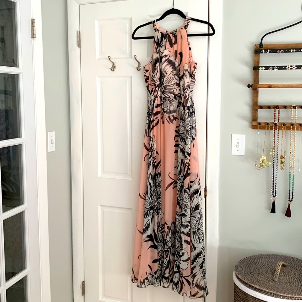 Eliza J Peach Maxi Dress with Black & White Floral Print